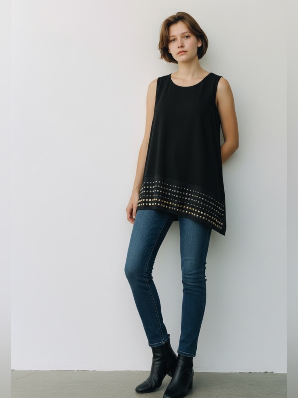 Black Asymmetrical Tank Top Size XL Bling Hem